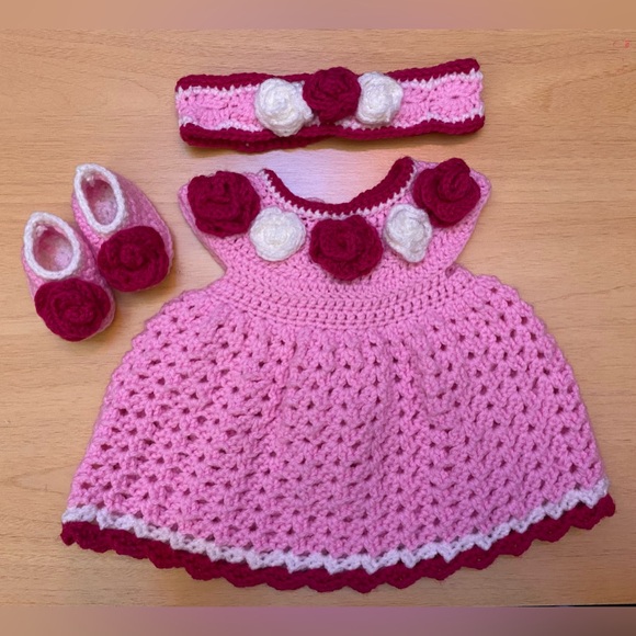 Handmade Crochet Crocheted Knit Baby Girl Dress Headband Booties Shoes